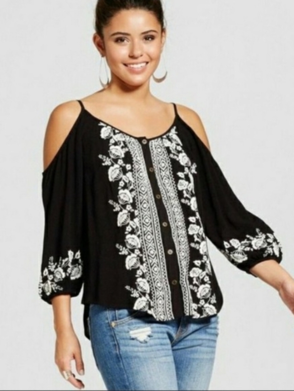 Bohemian Cold Shoulder Button Up Top. XL
